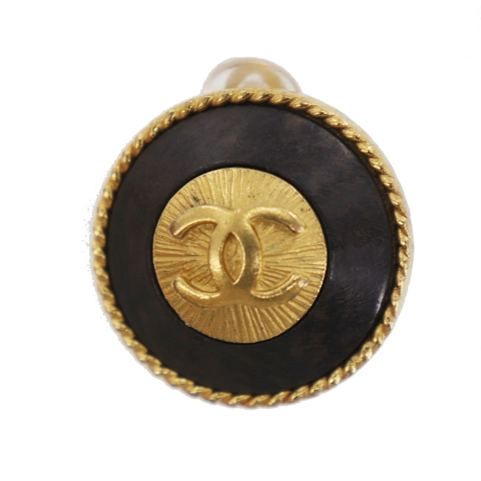 CHANEL CC Logos Used Round Circle Earrings Gold Black Clip-On 93A