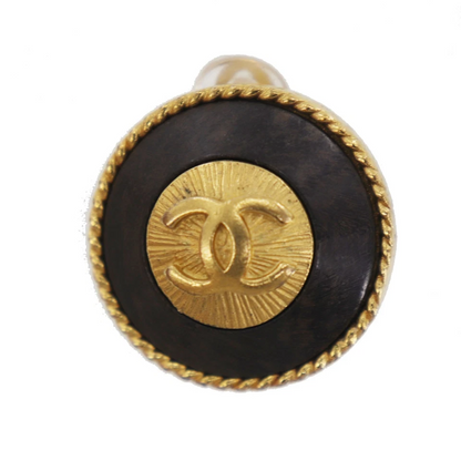 CHANEL CC Logos Used Round Circle Earrings Gold Black Clip-On 93A
