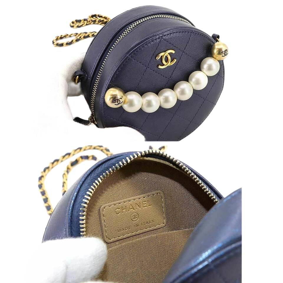 CHANEL Matelasse Round Chain Shoulder Bag Leather Navy Purse