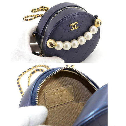 CHANEL Matelasse Round Chain Shoulder Bag Leather Navy Purse