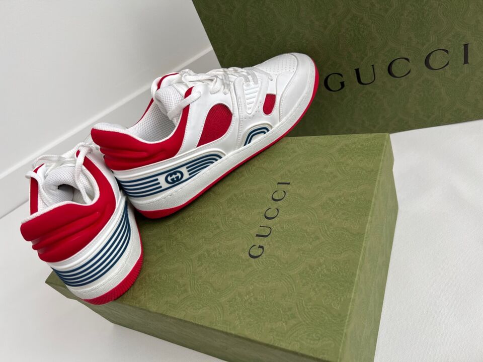 Gucci Men's Basket Sneakers Low Top Lace Up Red White Blue