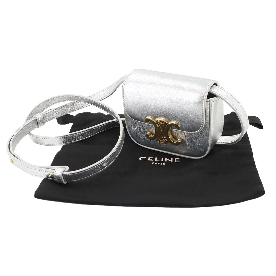 CELINE Triomphe Claude Mini Shoulder Bag Leather Silver