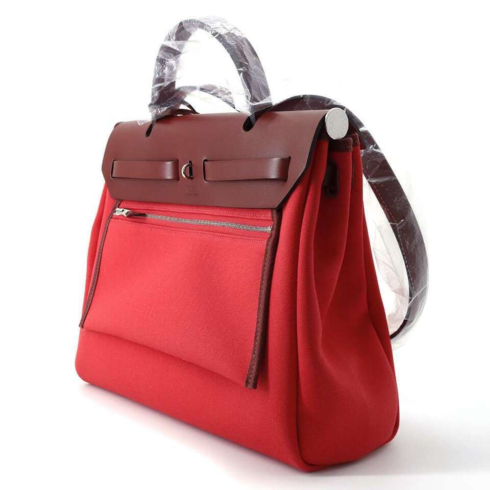 HERMES Herbag zip Size PM Toile Offiche / Vache Hunter Leather Rouge Piment/Rouge H