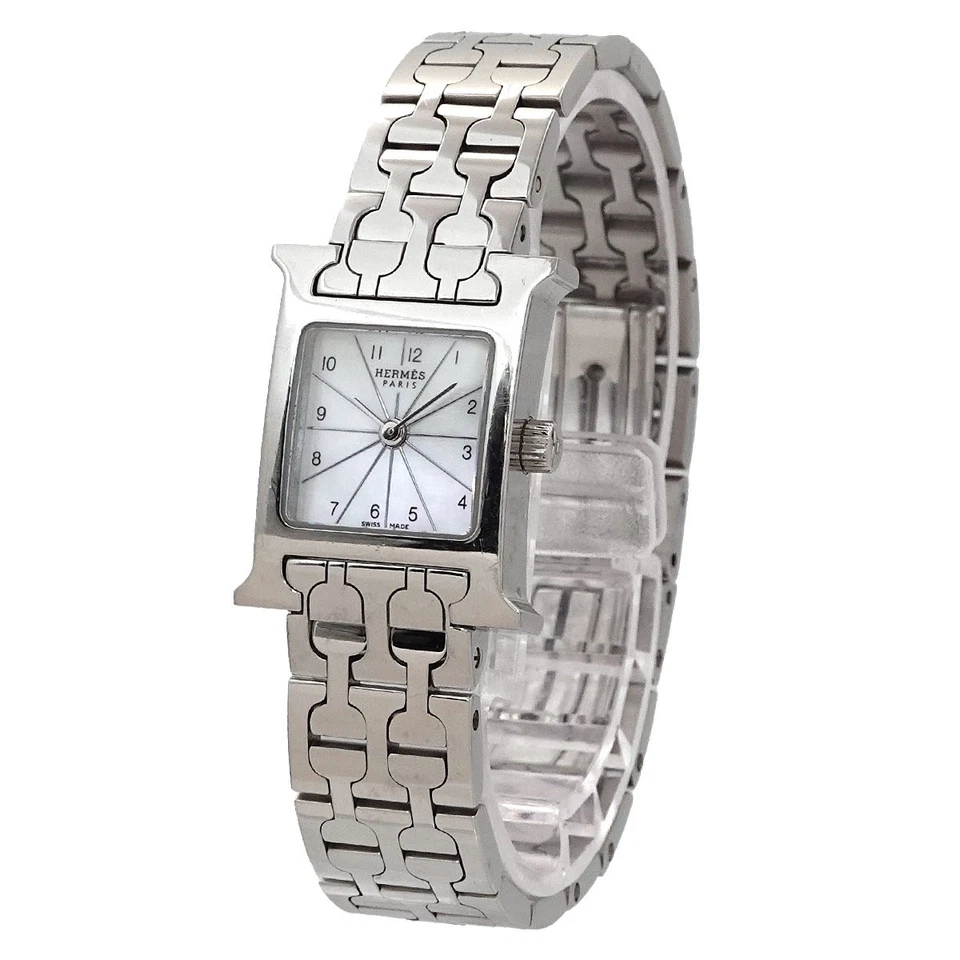 Hermès H Watch Mini HH1.110 in Stainless Steel with White Mother-of-Pearl Dial