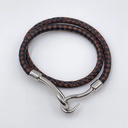 Hermès Double Jumbo SV Bracelet in Silver/Black-Brown Braided Leather