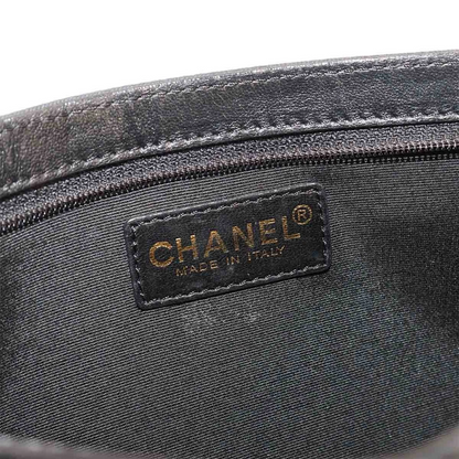 CHANEL Icon Print Chain Shoulder Bag Canvas Leather Black Purse