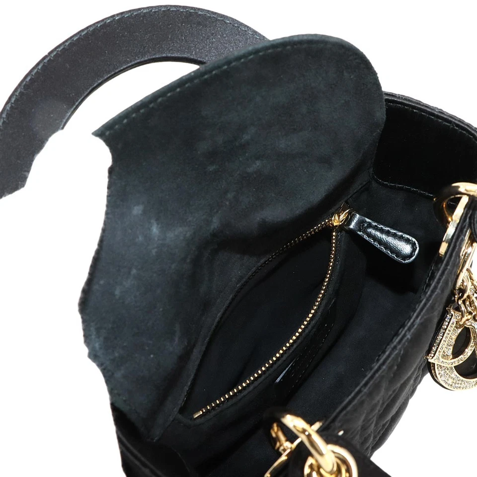 Christian Dior Lady Dior Mini in Black Satin with Rhinestone Details