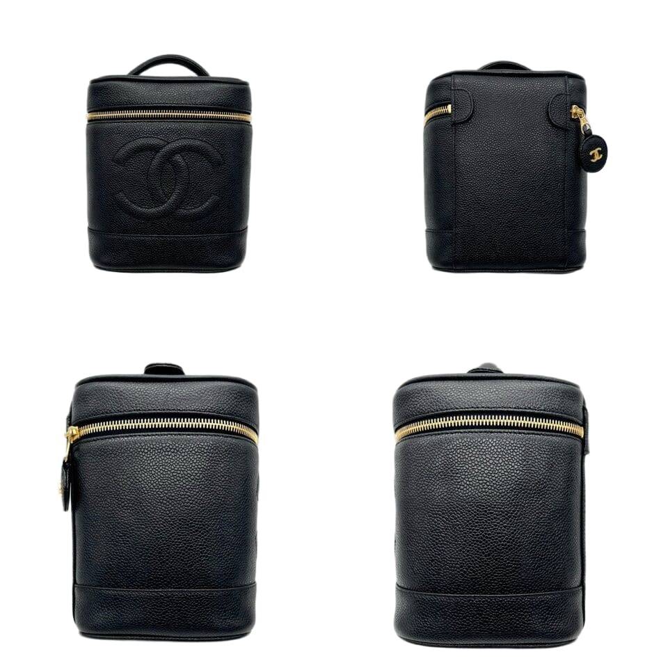 Auth CHANEL CC LOGO Vanity Bag Caviar Skin Leather Black Gold Vintage