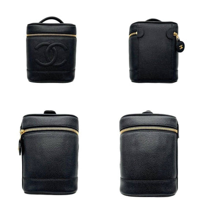 Auth CHANEL CC LOGO Vanity Bag Caviar Skin Leather Black Gold Vintage