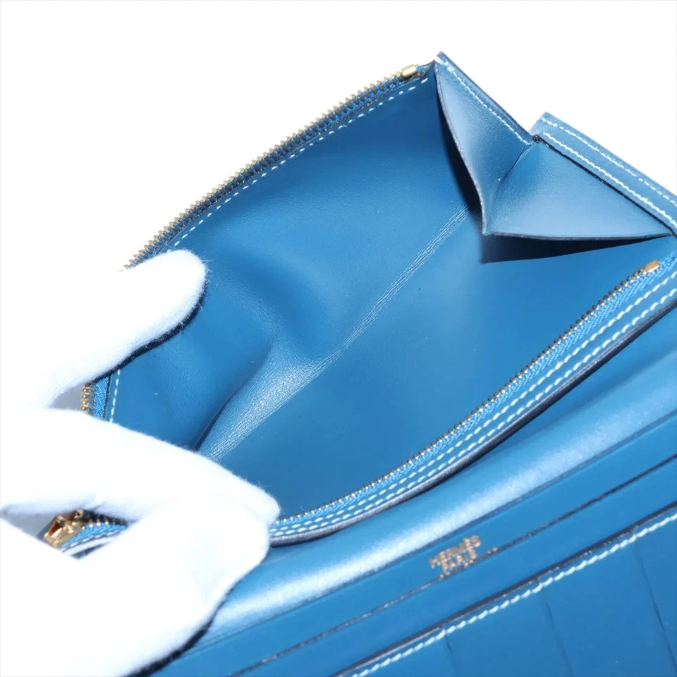 Hermès Bearn Box Calf Long Wallet Blue Gold Metal Fittings G Stamp 2003