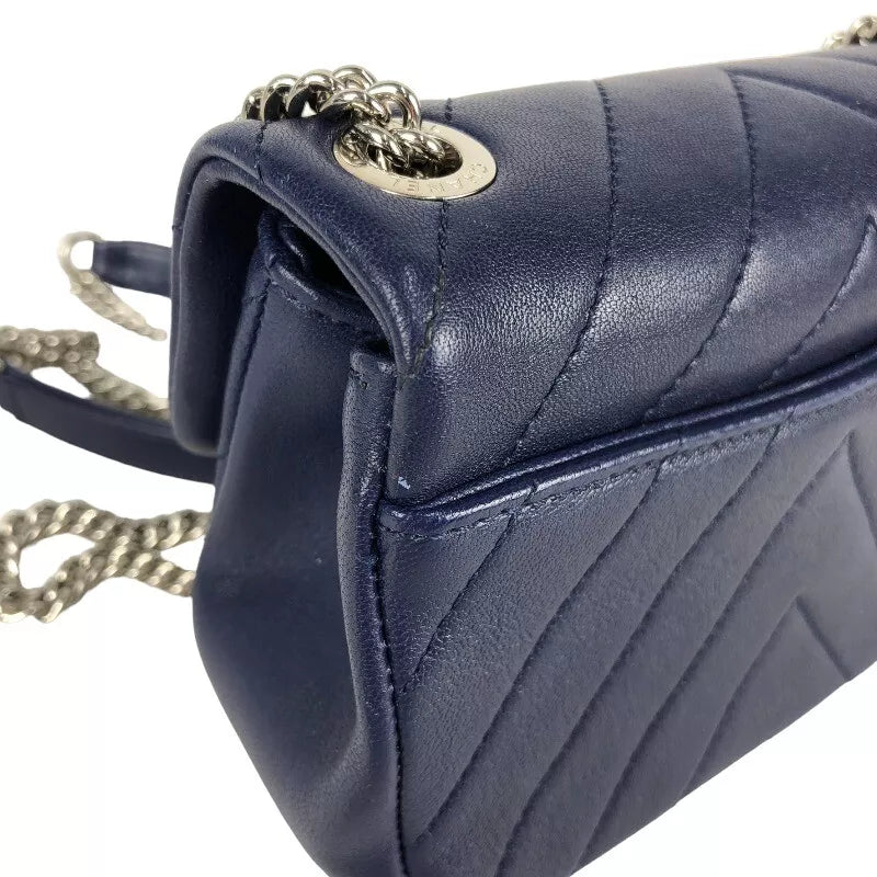 CHANEL Mini Chevron Shoulder Bag In Navy Lambskin with Silver Hardware