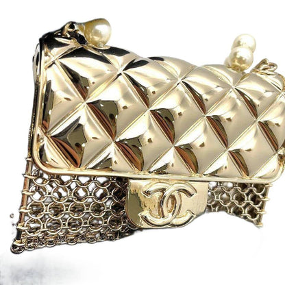 CHANEL Matelasse Bag Motif Long Pearl/Chain Necklace Metal Champagne Gold