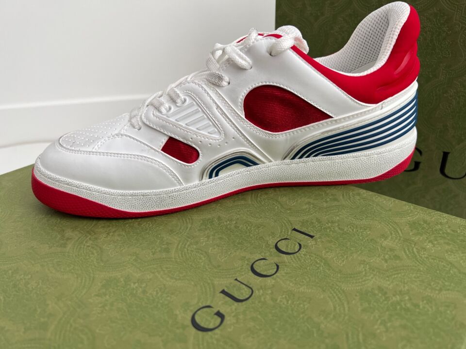 Gucci Men's Basket Sneakers Low Top Lace Up Red White Blue