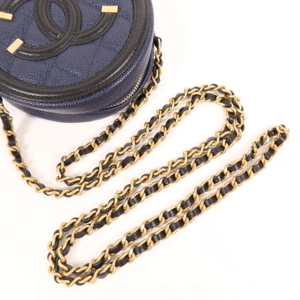 Chanel CC Filigree Round Chain Shoulder Bag in Navy & Black Calfskin (GHW)