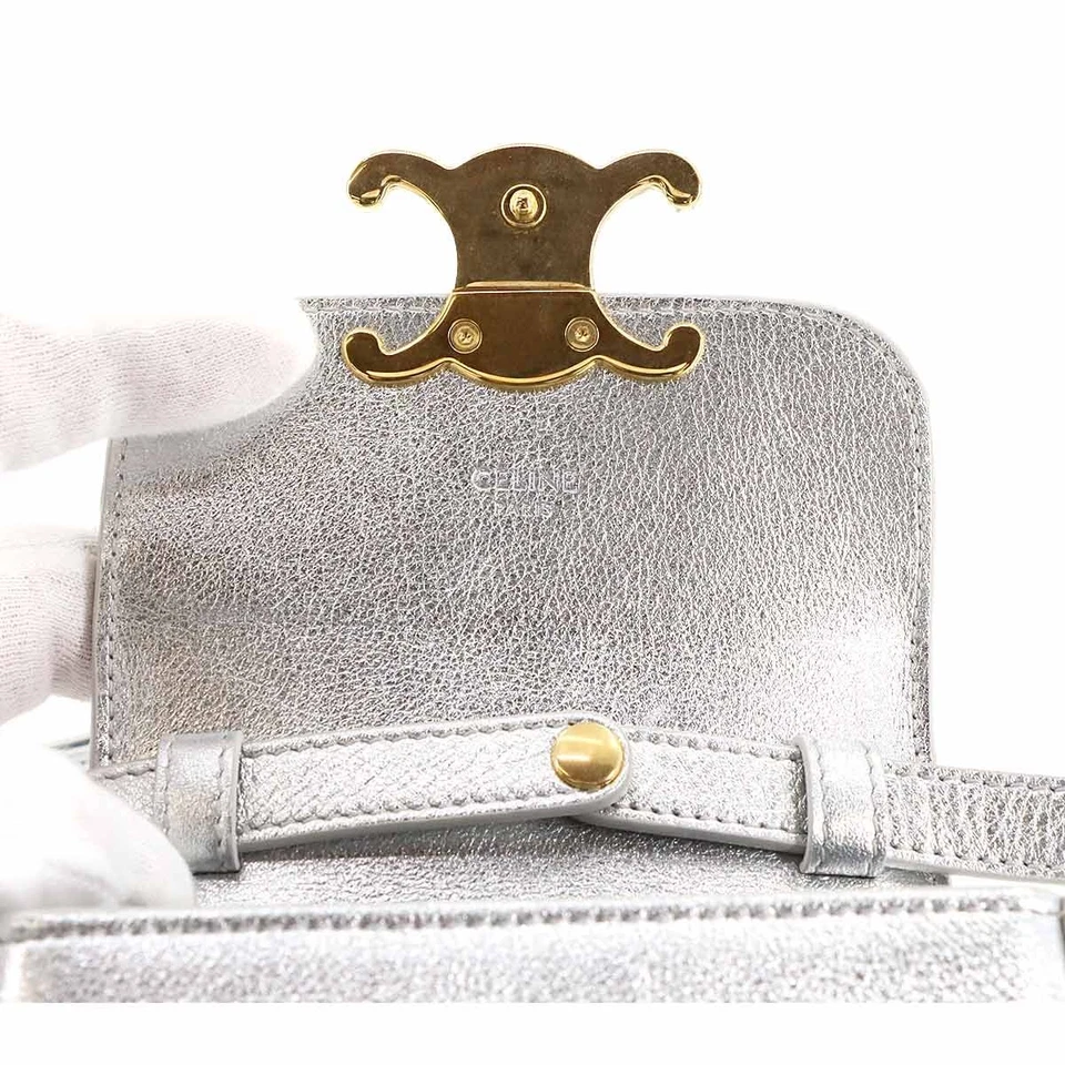 CELINE Triomphe Claude Mini Shoulder Bag Leather Silver