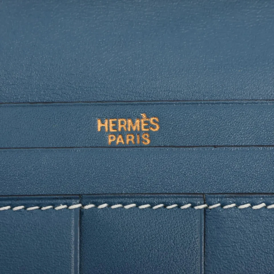 Hermès Bearn Box Calf Long Wallet Blue Gold Metal Fittings G Stamp 2003