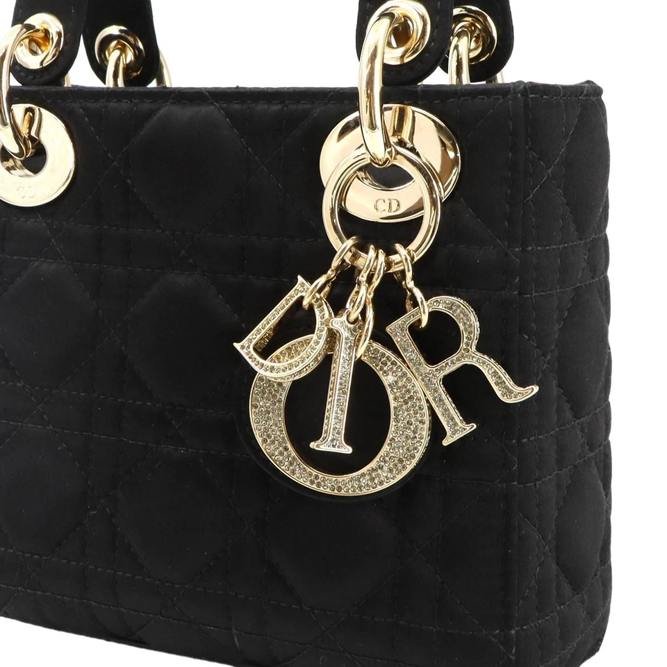 Christian Dior Lady Dior Mini in Black Satin with Rhinestone Details