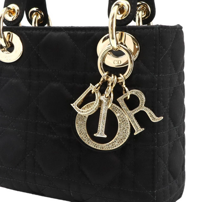 Christian Dior Lady Dior Mini in Black Satin with Rhinestone Details