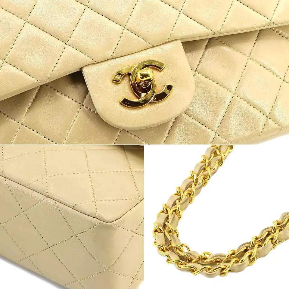 Authentic CHANEL Matelasse 23 Chain Shoulder Bag Leather Beige Vintage