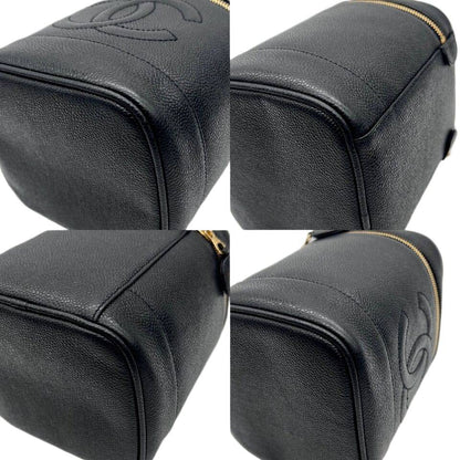 Auth CHANEL CC LOGO Vanity Bag Caviar Skin Leather Black Gold Vintage