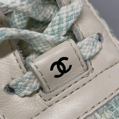 CHANEL Cream Light Green Tweeds Leather Suede Women's Sneakers