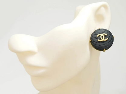 Chanel Vintage CC Logos Round Wood Clip-On Earrings in Gold Tone - 94P Collection