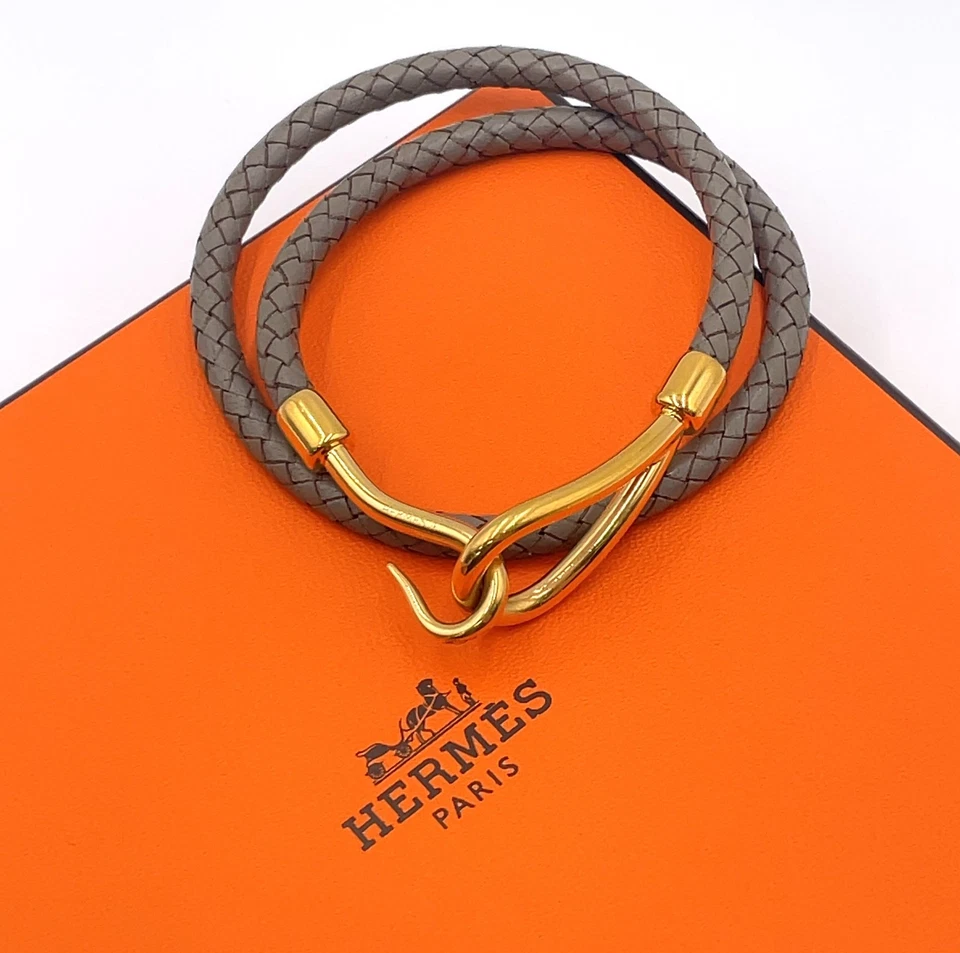 Hermès Double Jumbo SV Bracelet in Silver/Gray Braided Leather