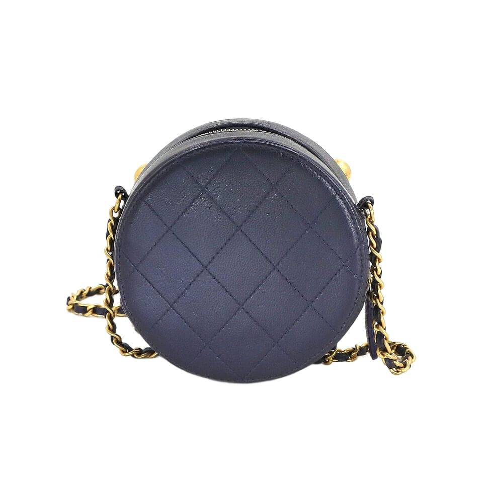 CHANEL Matelasse Round Chain Shoulder Bag Leather Navy Purse