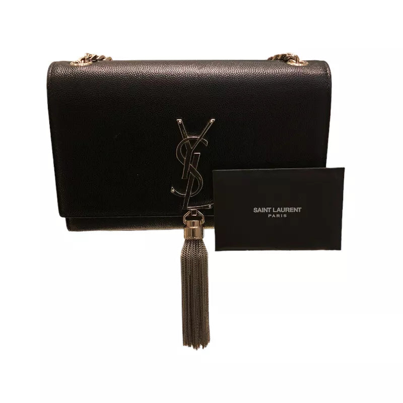 Auth SAINT LAURENT Kate Tassel Small Shoulder Bag In Black Grain Leather