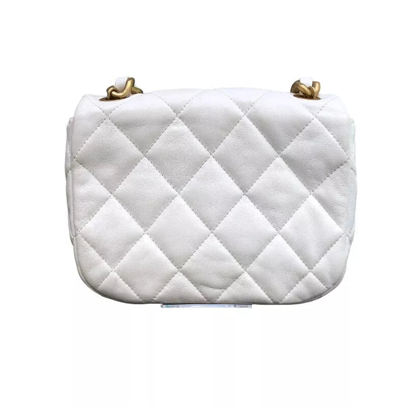 Auth CHANEL Mini Flap Shoulder Bag In White Lambskin