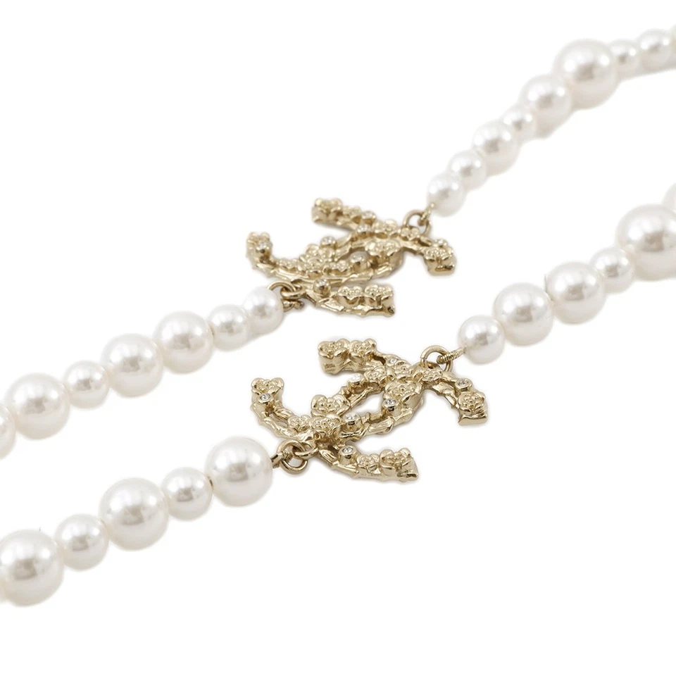 CHANEL Pearl Long Necklace Gold Plated Faux Pearl Rhinestone Champagne Gold