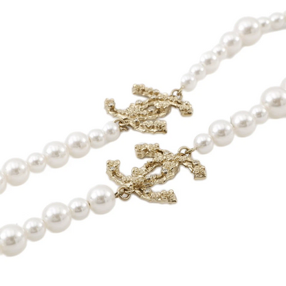 CHANEL Pearl Long Necklace Gold Plated Faux Pearl Rhinestone Champagne Gold