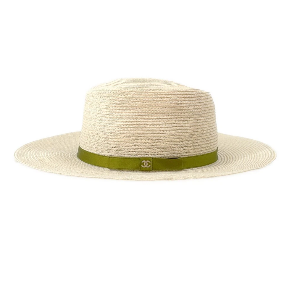 CHANEL CC Logo Ribbon Straw Hat Size M