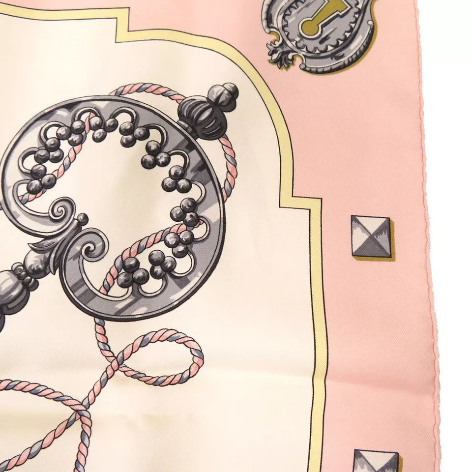 HERMES Carre90 LES CLES Key Pattern Scarf – Pink/Creme Silk