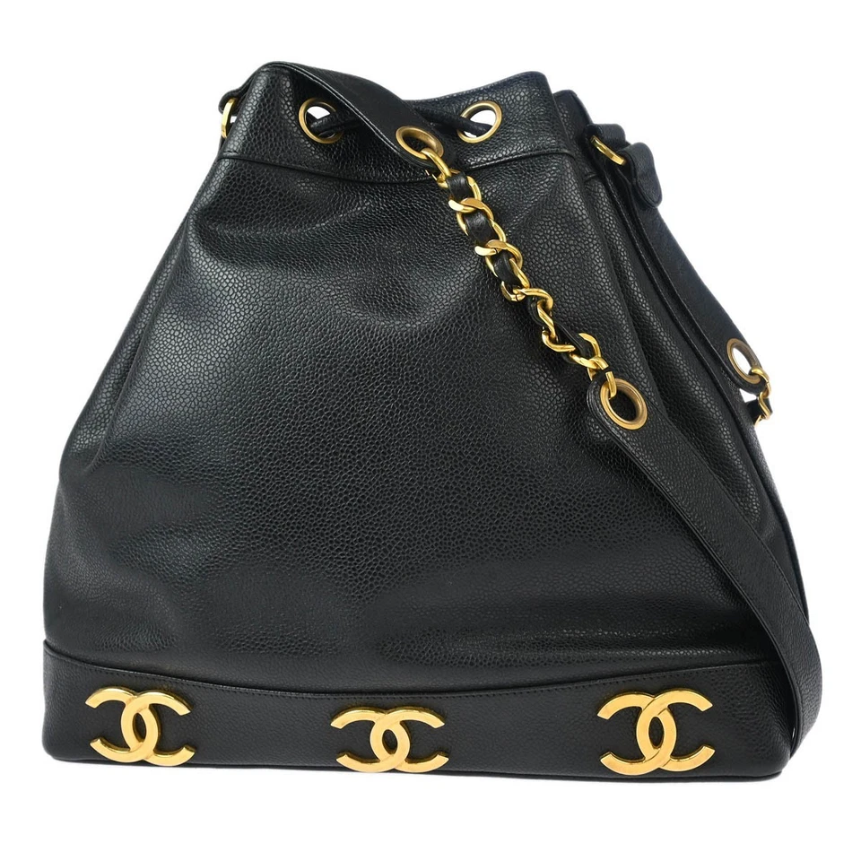 Chanel Black Calfskin Triple CC Drawstring Shoulder Bag