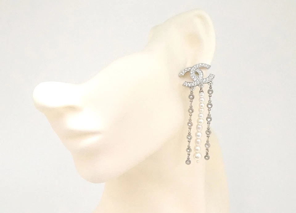 Chanel CC Rhinestone & Pearl Drop Stud Earrings in Silver Tone (C20S)