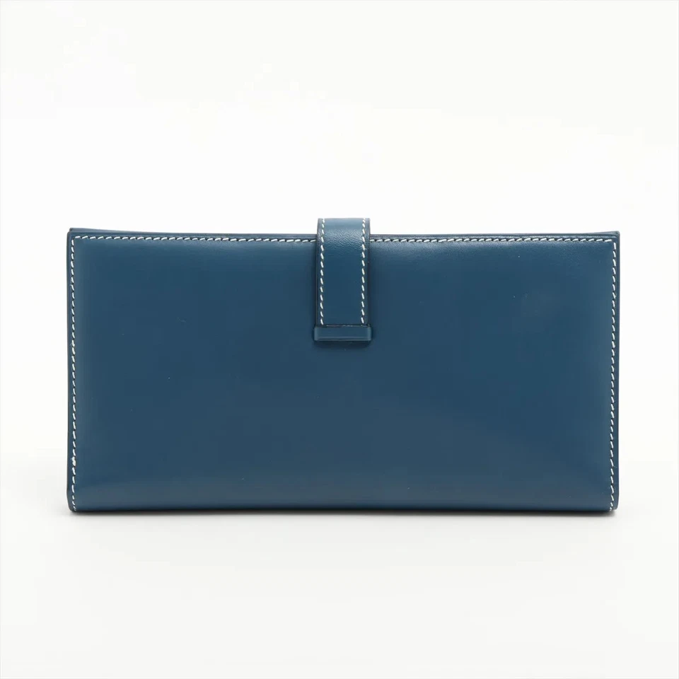 Hermès Bearn Box Calf Long Wallet Blue Gold Metal Fittings G Stamp 2003