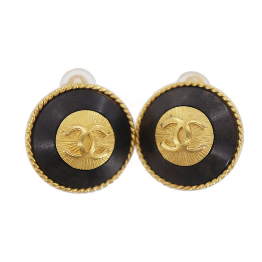 CHANEL CC Logos Used Round Circle Earrings Gold Black Clip-On 93A
