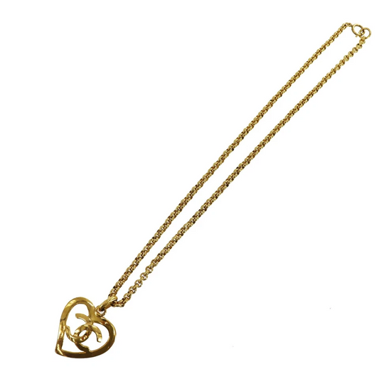 CHANEL CC Logos Heart Used Necklace Pendant Gold-Plated 95P Vintage