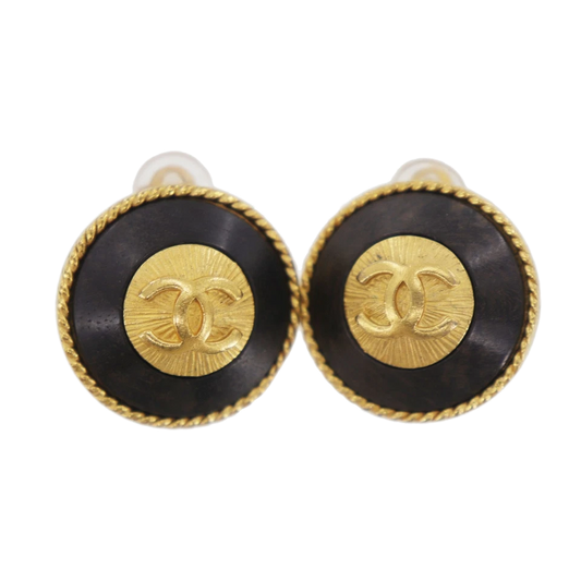 CHANEL CC Logos Used Round Circle Earrings Gold Black Clip-On 93A
