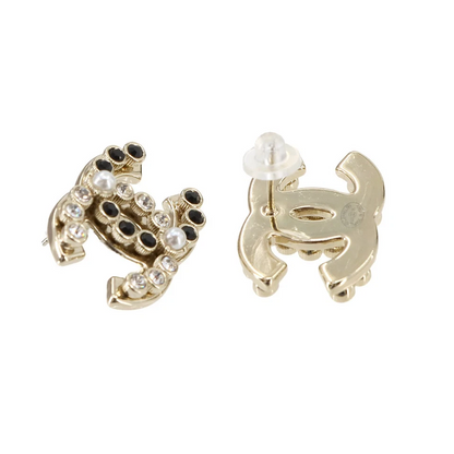 Chanel Coco Logos Earrings in Gold with Rhinestone & Pearl Motif (B23K)