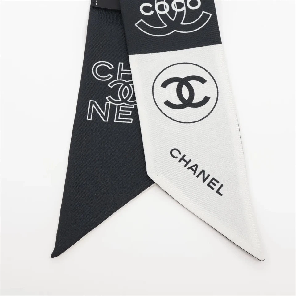 Chanel Coco Mark Logo Scarf Silk Black × White