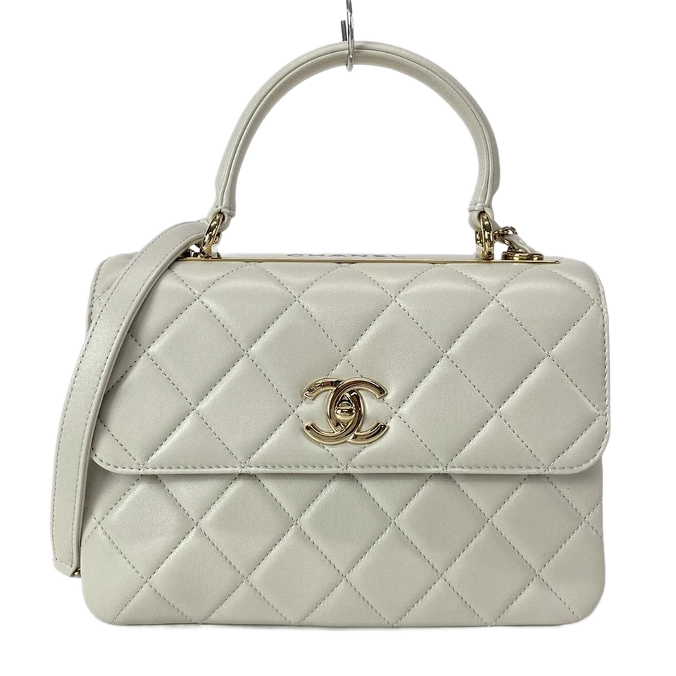CHANEL 2-WAY Logo Plate Chain Shoulder Gold Hardware Light gray