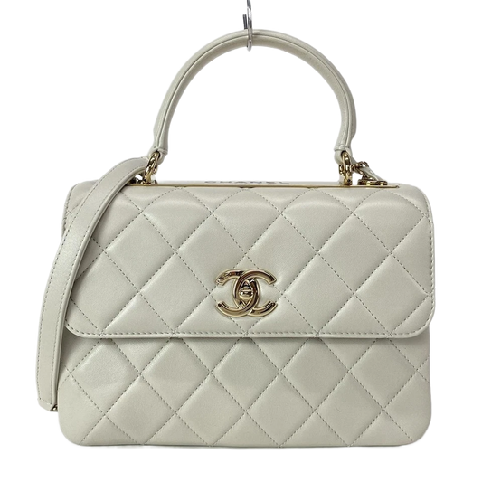 CHANEL 2-WAY Logo Plate Chain Shoulder Gold Hardware Light gray
